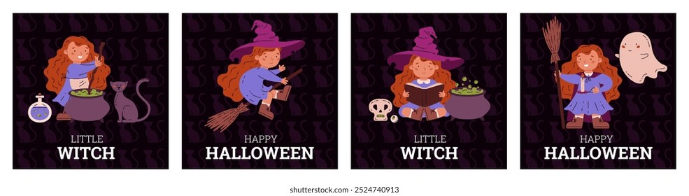 Vector illustration of a set of posters depicting a cute little red-haired witch girl doing various activities with Halloween elements. Flat style with space for text.