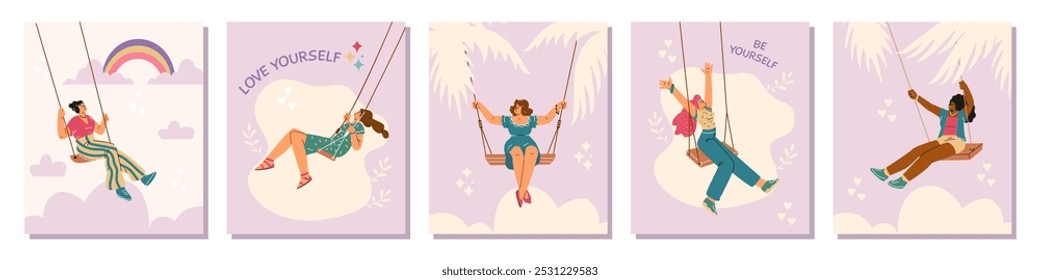 Vector illustration of a set of posters depicting happy women swinging on a swing on a pink background with clouds, rainbows and hearts. Theme of self-love. Flat style with place for text.