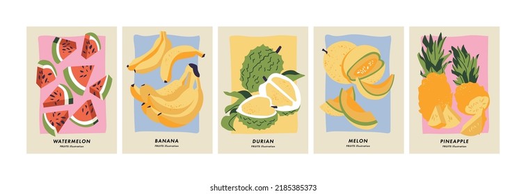 Vector illustration set of posters with different fruits. Art for postcards, wall art, banner, background