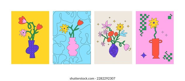 Vector illustration set of posters with flowers composition in a vase. Naive-style stickers for print or social media