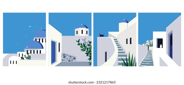 Ilustración vectorial. Afiches como Grecia, Santorini, Thira. Cartel de viaje, pancarta de turismo, postal. Diseño geométrico moderno, minimalismo. Calle europea.