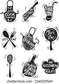 Ilustración vectorial de un conjunto de afiches para la cocina. Grabado caligráfico para la decoración de la pared de impresión. Letras sobre el tema de la cocina, la comida, el chef
