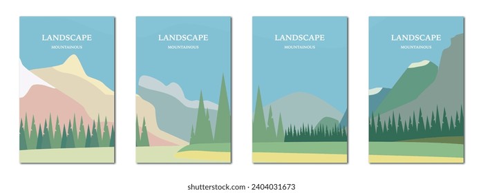 Vector illustration. Set of posters with mountain landscape, green meadows, forest, picturesque blue sky. Perfect for screensavers.