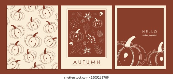 Vector illustration. Set of posters, postcards, covers. Pumpkins, autumn leaves. Minimalistic design. Cozy autumn. Collection of banners.