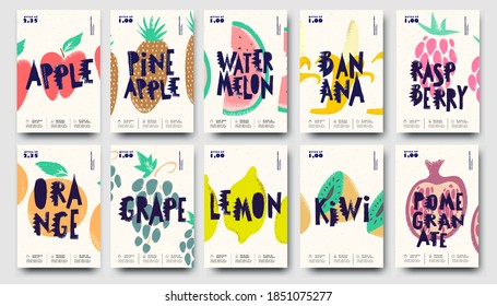 Vector illustration. A set of posters or price tags. Large collection of fruit in Doodle style. Exotic fruits and berries.