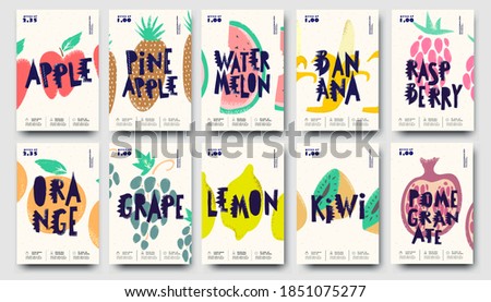 Vector illustration. A set of posters or price tags. Large collection of fruit in Doodle style. Exotic fruits and berries.