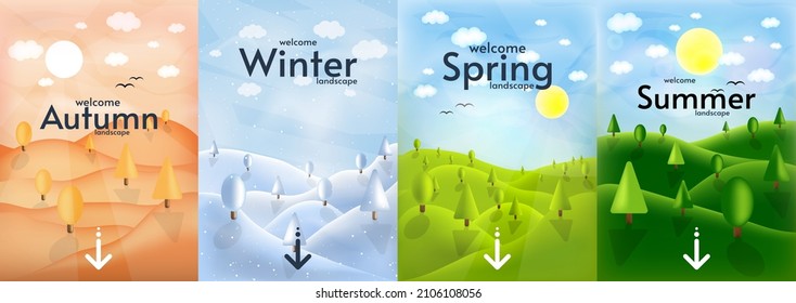 Vector illustration. Set of posters with seasons. Autumn, winter, spring and summer. 3d graphic style. Design for poster, banner, background, business card, web, greeting card. 