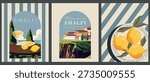 Vector illustration. A set of posters, travel postcards, banners, and covers. Amalfi, Italy. Sea, cocktails, lemons. Retro style.