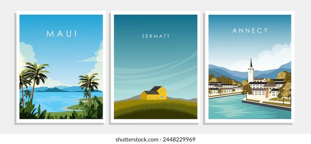 Vector illustration. Set of posters, travel banners, postcards, covers. Maui, Hawaii, Switzerland, Sweden, France. Modern design. Tourism.