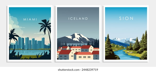 Ilustración vectorial. Conjunto de carteles, tarjetas de viaje, Anuncios de Vertical, cubiertas. USA, Suiza, Escandinavia. Diseño moderno.