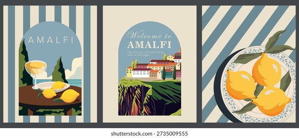 Vector illustration. A set of posters, travel postcards, banners, and covers. Amalfi, Italy. Sea, cocktails, lemons. Retro style.