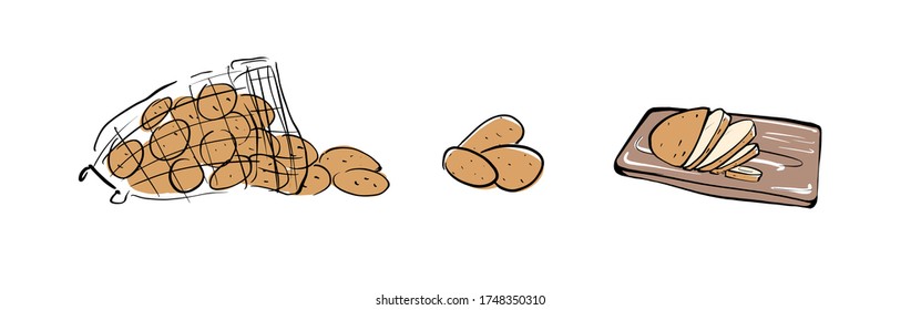 Ilustración vectorial de un conjunto de patatas. Patatas rebanadas en una tabla. Patatas en una bolsa sobre un fondo blanco aislado.