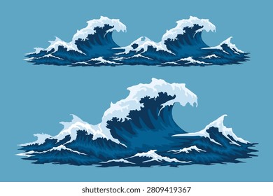 Vector illustration of a set of powerful ocean waves with dynamic water splashes, perfect for marine, nautical, and nature-themed designs.