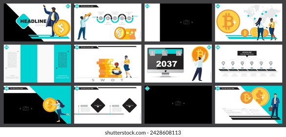 Vector illustration. Set, powerpoint, business presentations, currency exchange between dollar and bitcoin.Infographic design template, green black elements.Team of people creates a business, teamwork