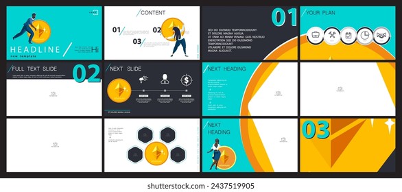 Vector illustration. Set, powerpoint, business presentations, currency circulation, buying ethereum. Infographic design template, green black elements. Team of people creates a business, teamwork