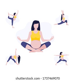 Vector illustration set of pregmant girl or woman doing yoga class. Healthy fitness pregnant, sport in pregnancy. Home activity, healthy lifestyle. 