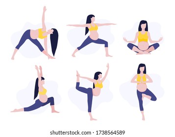 Vector illustration set of pregmant girl or woman doing yoga class. Healthy fitness pregnant, sport in pregnancy. Home activity, healthy lifestyle. 