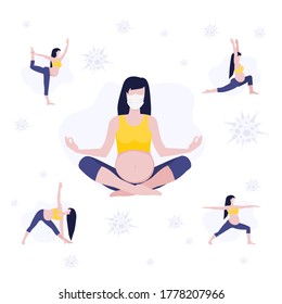 Vector illustration set of pregmant white girl or woman in differents asanas in protective mask doing yoga class around viruses. Healthy pregnant, sport in pregnancy. Home activity. 