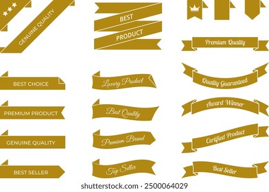 Vector illustration set of premium product gold ribbon banners and bookmarks. Templates for genuine quality and certified product tags, highlighting best seller and best choice