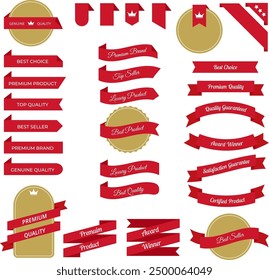 Vector illustration set of premium product red ribbon banners and bookmarks. Templates for genuine quality and certified product tags, highlighting best seller and best choice