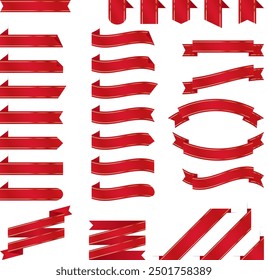 Vector illustration set of premium quality red ribbon banners and bookmarks with blank space. Templates for award labels and promotion tags, highlighting discount and best offer.