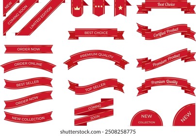 Vector illustration set of premium quality red ribbon banners and bookmarks. Templates for new collection labels and promotion tags, highlighting best seller and best choice.