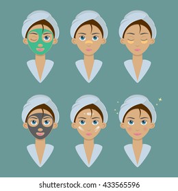 Vector illustration set pretty girl with green clay mask, black clay mask, 
patches for the eye, trouble patch, and cream oh her face. Vector SPA set.