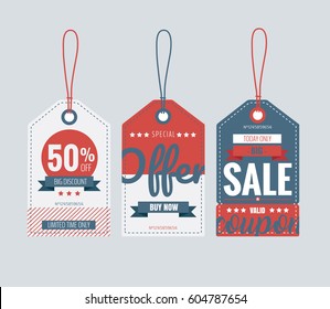 Vector illustration. Set of price tags, sale coupon and voucher for store promotions.