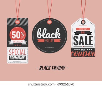 Vector illustration. Set of price tags, sale coupon and voucher for Black Friday. 