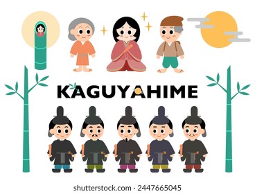 Juego de Ilustración vectorial de personajes de la princesa Kaguya. La princesa Kaguya es una historia muy conocida en Japón. Princesa Kaguya, pareja de ancianos, 5 pretendientes, luna llena, y bambú.