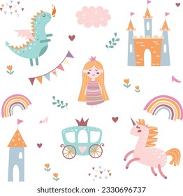 С ilustración vectorial infantil con princesa y unicornio