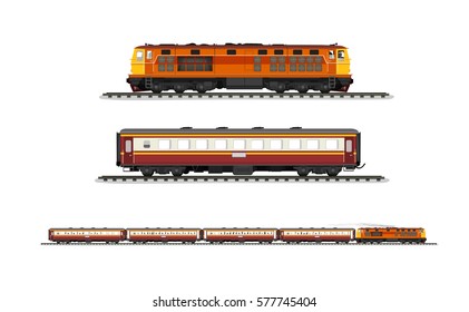 Vector Illustration: set procession train include diesel-electric locomotive and compartment and railroad tracks isolated on white background.