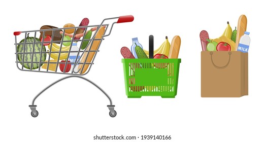 Ilustración vectorial de un conjunto de productos en un carrito, cesta, bolsa de papel.