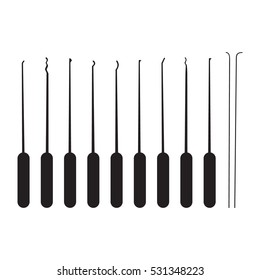 Vector illustration set of professional lockpicks. Thief tools. Criminal.