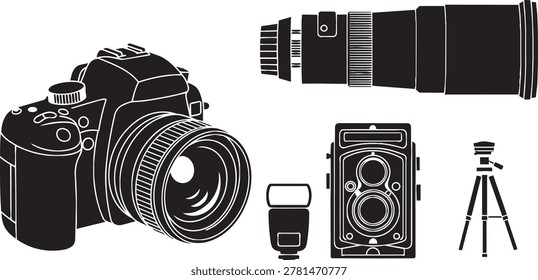 Vector illustration set of professional photography gear icons, including a modern DSLR camera, a long telephoto lens, a classic TLR camera, a flash, and a tripod.