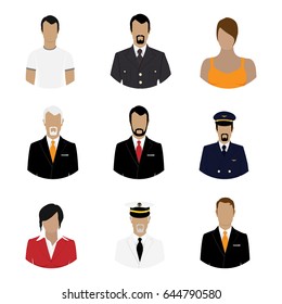 Vector illustration set of professions people. Flat style icons. Occupation avatar. Businessman, sea captain, pilot, soldier, businesswoman, general