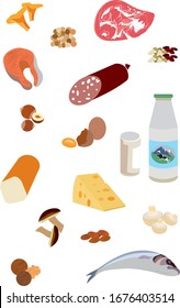  vector illustration of a set of protein foods, dairy products, meat, fish, legumes, mushrooms, eggs, animal products, nuts