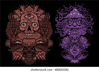 Vector illustration set with psychedelic characters  Design print  for T-shirt on black  background