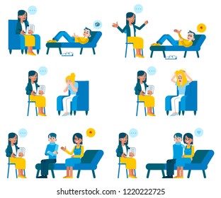 Vector illustration set of psychotherapists appointment in flat style - various people with psychological problems receiving consultation from female doctor isolated on white background.