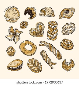 Vector illustration set of puffs, brioche and croissant. Cute doodle bakery collection in hand-drawn style. 
