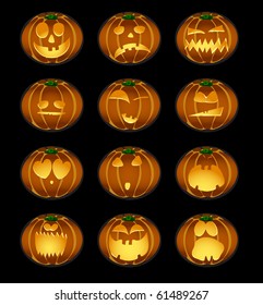 Vector illustration of set of pumpkin smiles on a background