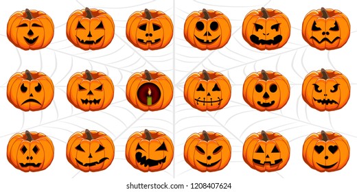 Vector illustration set from pumpkins for celebrating holiday halloween. Halloween pattern consisting of funny smile pumpkin on cobweb background. Pumpkin face is the main symbol on party halloween.