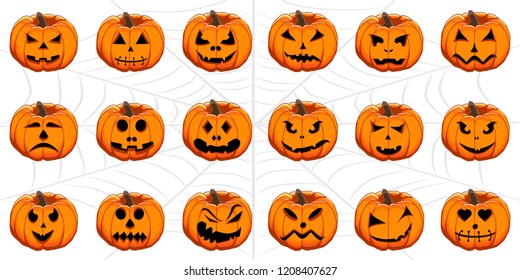 Vector illustration set from pumpkins for celebrating holiday halloween. Halloween pattern consisting of funny smile pumpkin on cobweb background. Pumpkin face is the main symbol on party halloween.