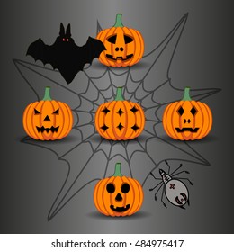 Vector illustration set from pumpkins for celebrating holiday halloween. Halloween pattern consisting of funny smile pumpkin on cobweb background. Pumpkin face is the main symbol on party halloween.