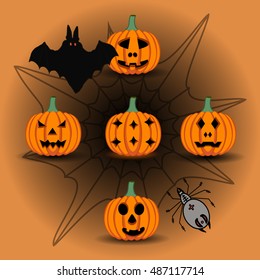 Vector illustration set from pumpkins for celebrating holiday halloween. Halloween pattern consisting of funny smile pumpkin on cobweb background. Pumpkin face is the main symbol on party halloween.