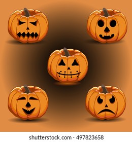 Vector illustration set from pumpkins for celebrating holiday halloween. Halloween pattern consisting of funny smile pumpkin on cobweb background. Pumpkin face is the main symbol on party halloween.