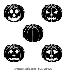 Vector illustration set from pumpkins for celebrating holiday halloween. Halloween pattern consisting of funny smile pumpkin on cobweb background. Pumpkin face is the main symbol on party halloween.