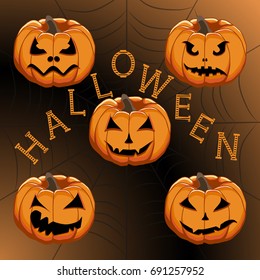 Vector illustration set from pumpkins for celebrating holiday halloween. Halloween pattern consisting of funny smile pumpkin on cobweb background. Pumpkin face is the main symbol on party halloween.
