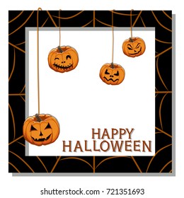 Vector illustration set from pumpkins for celebrating holiday halloween. Halloween pattern consisting of funny smile pumpkin on cobweb background. Pumpkin face is the main symbol on party halloween.