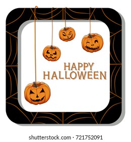 Vector illustration set from pumpkins for celebrating holiday halloween. Halloween pattern consisting of funny smile pumpkin on cobweb background. Pumpkin face is the main symbol on party halloween.